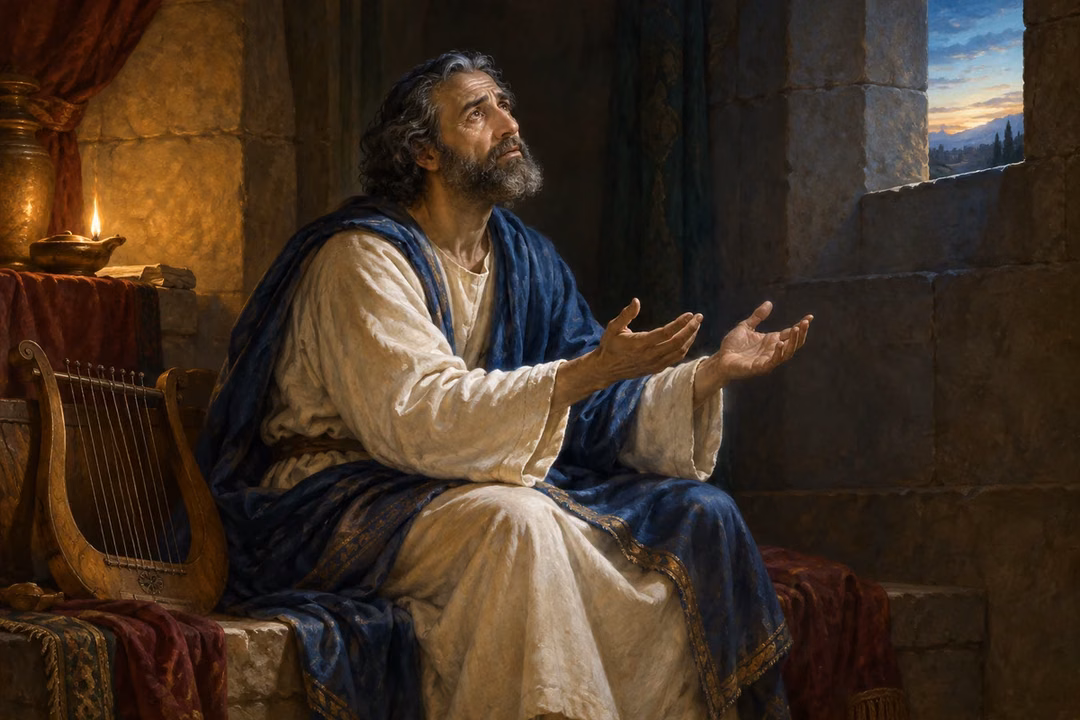 Heman prays in sorrow beside his lyre and a dim oil lamp.
