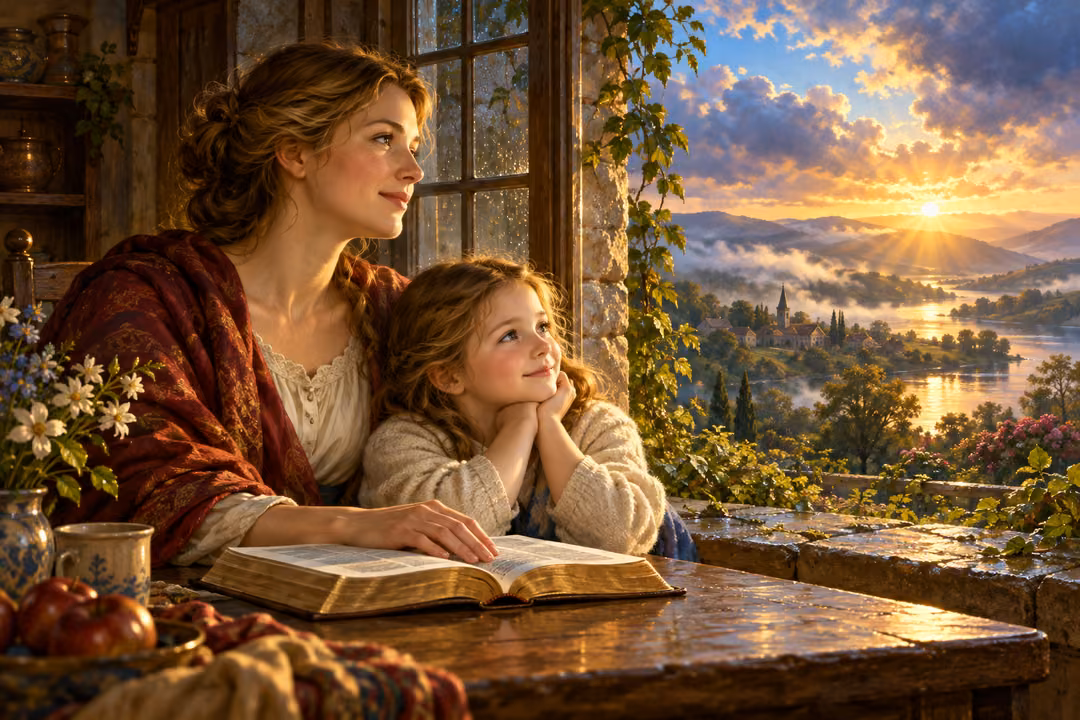 A woman and child read the Bible together beside a rain-streaked window.