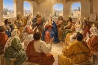 Believers receive the Spirit at Pentecost, gathered together under soft tongues of golden flame.