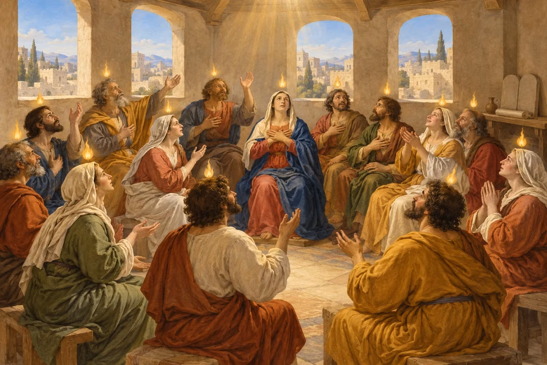 Believers receive the Spirit at Pentecost, gathered together under soft tongues of golden flame.