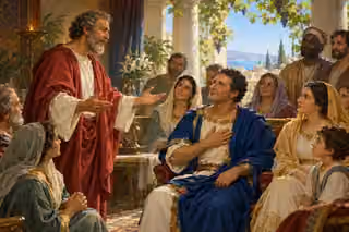 Peter teaches Cornelius and his household as gentle spiritual light fills their gathering.