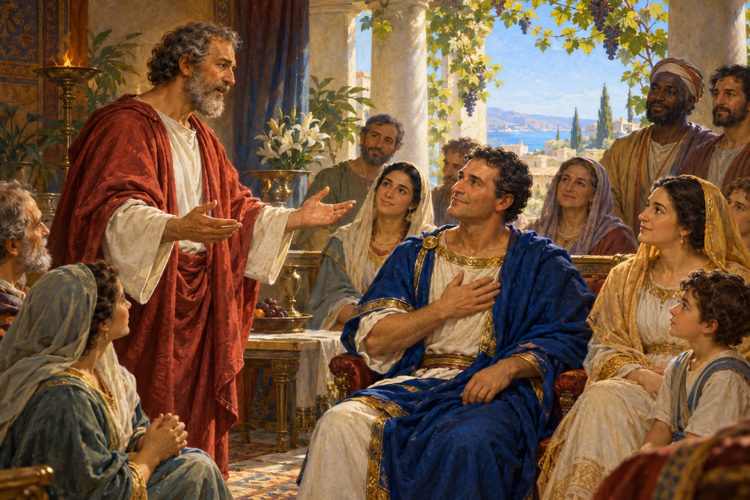 Peter teaches Cornelius and his household as gentle spiritual light fills their gathering.