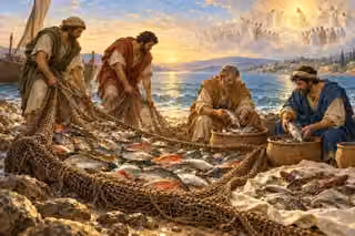 Fishermen draw a great net to shore and sort its varied catch while a luminous heavenly gathering appears beyond.