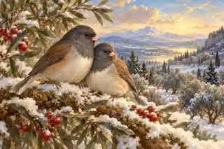 Two contented snowbirds nestle together on a snow-covered branch with seeds and berries above a peaceful winter valley.