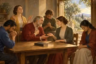 An older man seeks forgiveness as a small household gathers in sincere prayer around an unmarked Bible.