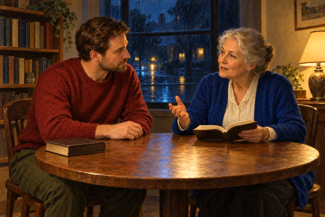 Raphael-inspired oil painting of a man in a crimson sweater listening attentively to an older woman holding an open book at a round table in a lamp-lit reading room on a rainy night.