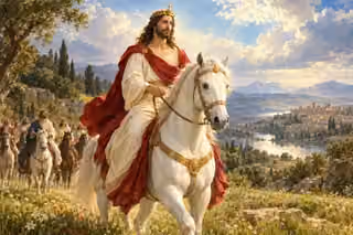 Christ rides a white horse through a luminous meadow, followed by a quiet company.