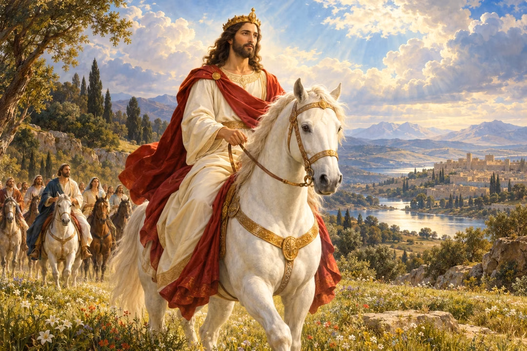 Christ rides a white horse through a luminous meadow, followed by a quiet company.