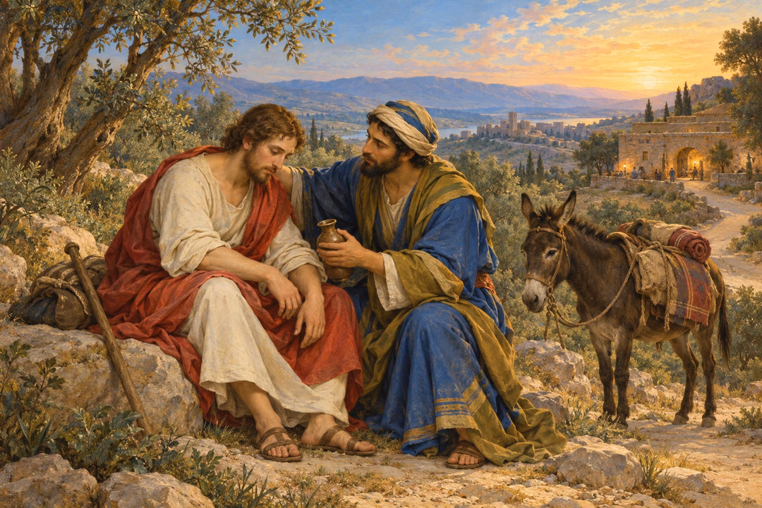 A Samaritan traveler offers water and support to a weary man on an olive-lined road.