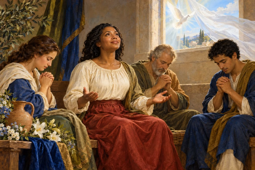 A peaceful prayer group receives refreshing spiritual light beneath a dove at an open window.