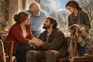Oil painting of modern believers warmly welcoming a weary visitor in a modest room, with joined hands and a white dove amid soft spiritual light.