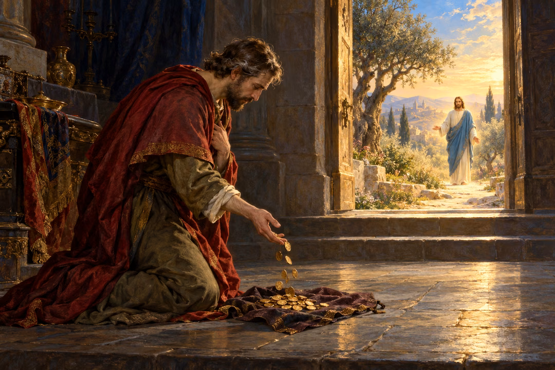 A repentant man releases coins as a luminous doorway opens toward Jesus.
