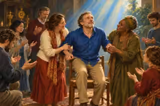 A man rises from a wooden chair supported by two women as a circle of believers prays beneath luminous blue-white light.