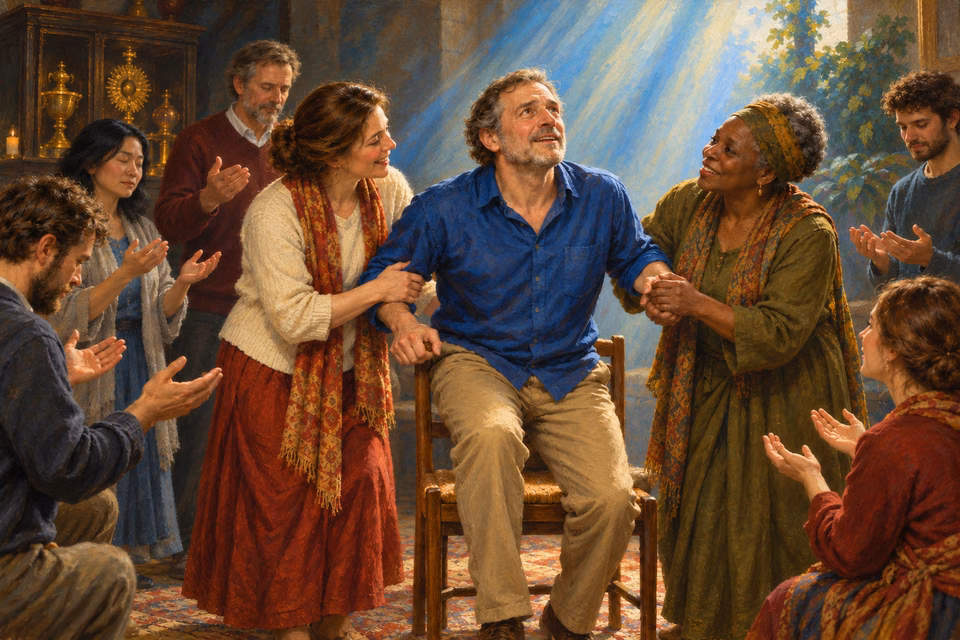 A man rises from a wooden chair supported by two women as a circle of believers prays beneath luminous blue-white light.