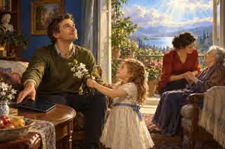 A father sets aside a tablet as his daughter offers flowers, while a woman tends an elderly neighbor beside a sunny open balcony.