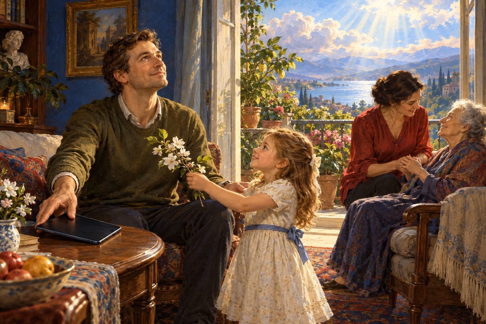 A father sets aside a tablet as his daughter offers flowers, while a woman tends an elderly neighbor beside a sunny open balcony.