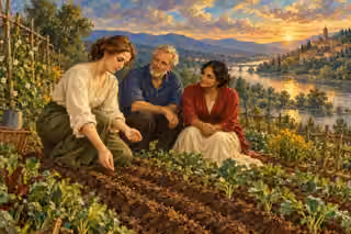 Oil painting of a woman sowing seeds in a riverside vegetable garden while an older man and a woman listen; growing shoots, a river bridge and a hill town glow beneath a golden sky.