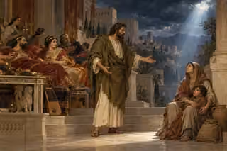 Oil painting of an ancient prophet appealing on palace steps between richly dressed banquet guests and a weary mother and child; a blue-white shaft of light breaks through storm clouds above the distant city.