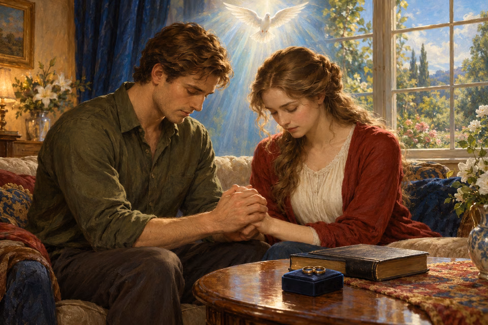 A young couple joins hands in prayer beneath a white dove, with wedding bands and a closed Bible on a table before them.