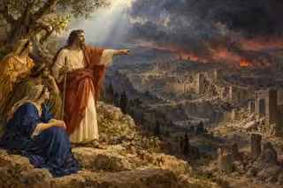 Micah and attentive listeners overlook ruined ancient Samaria beneath a storm, with living olive growth and a broken branch recalling covenant accountability.