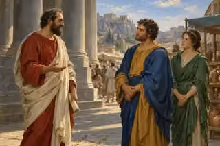 Paul calmly discusses truth with a man and woman beneath marketplace columns in ancient Athens.