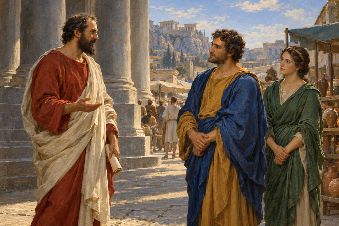 Paul calmly discusses truth with a man and woman beneath marketplace columns in ancient Athens.