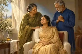 South Asian elders pray gently beside a seated woman in a warm, luminous room.
