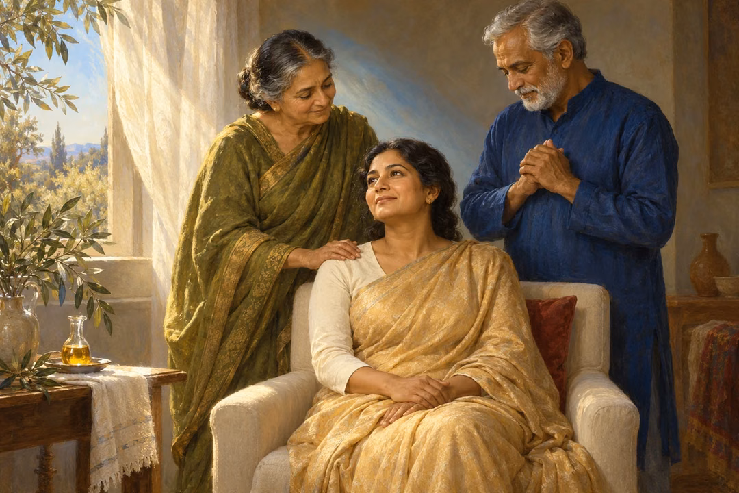 South Asian elders pray gently beside a seated woman in a warm, luminous room.