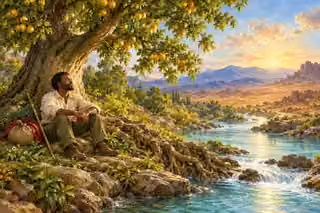 A traveler rests beneath a fruitful tree rooted by a river, expressing steadfast hope through trials.