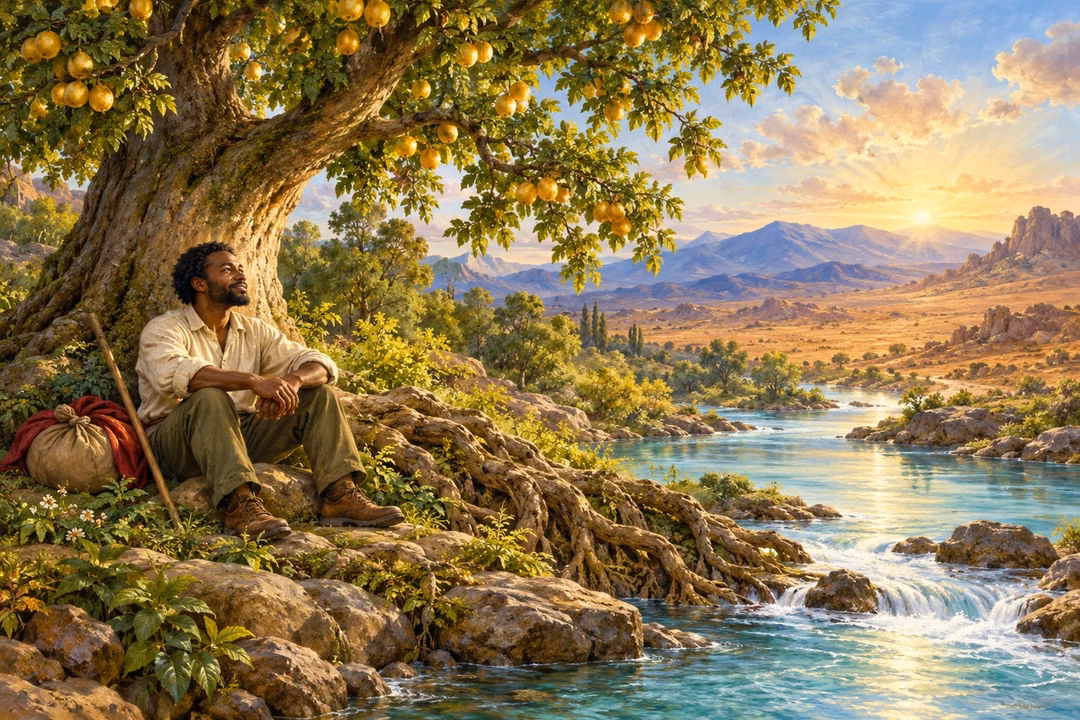 A traveler rests beneath a fruitful tree rooted by a river, expressing steadfast hope through trials.