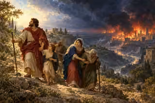 A reverent family helps one another toward dawn as distant Sodom burns beneath a solemn dark sky.