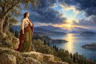 A calm woman stands beside still waters beneath a clearing sky, her hand resting over her heart.