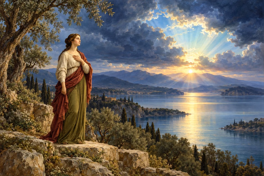 A calm woman stands beside still waters beneath a clearing sky, her hand resting over her heart.
