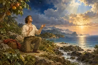 A solitary man kneels on an island shore, perceiving divine goodness in fruitful trees, flowing water and the luminous heavens.