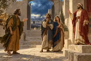 Raphael-inspired oil painting of Jeremiah warning two uncertain listeners near Jerusalem's gate while an elegantly robed man on a raised step offers reassurance, with siege tents under storm clouds beyond.