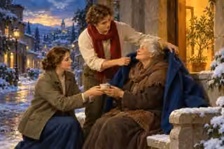 Two neighbors offer a warm coat and tea to an older woman, showing faith through compassionate daily deeds.
