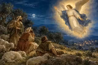 A radiant angel reassures three shepherds and their resting flock on a moonlit hillside near Bethlehem.