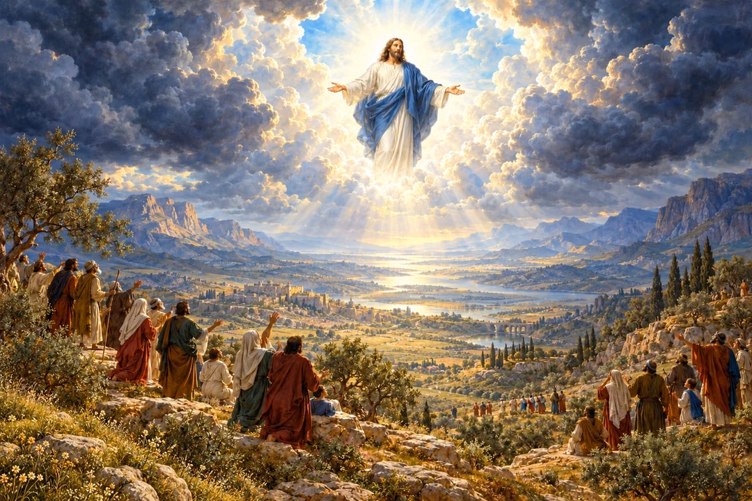 Christ appears amid radiant parted clouds above a vast valley as people on the hills look toward him.