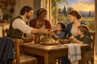 A modest family shares a simple supper and an apple in peaceful gratitude beside their vegetable garden.