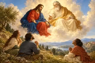 The Father and Jesus appear as distinct, gracefully robed figures sharing heavenly light above a small gathering of believers.
