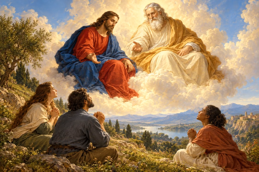 The Father and Jesus appear as distinct, gracefully robed figures sharing heavenly light above a small gathering of believers.
