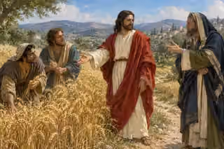Jesus extends his hand toward two disciples gathering wheat while calmly facing a religious critic on a hillside path.