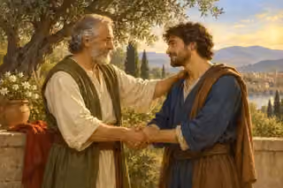 Two neighbors clasp hands in reconciliation beneath an olive tree.
