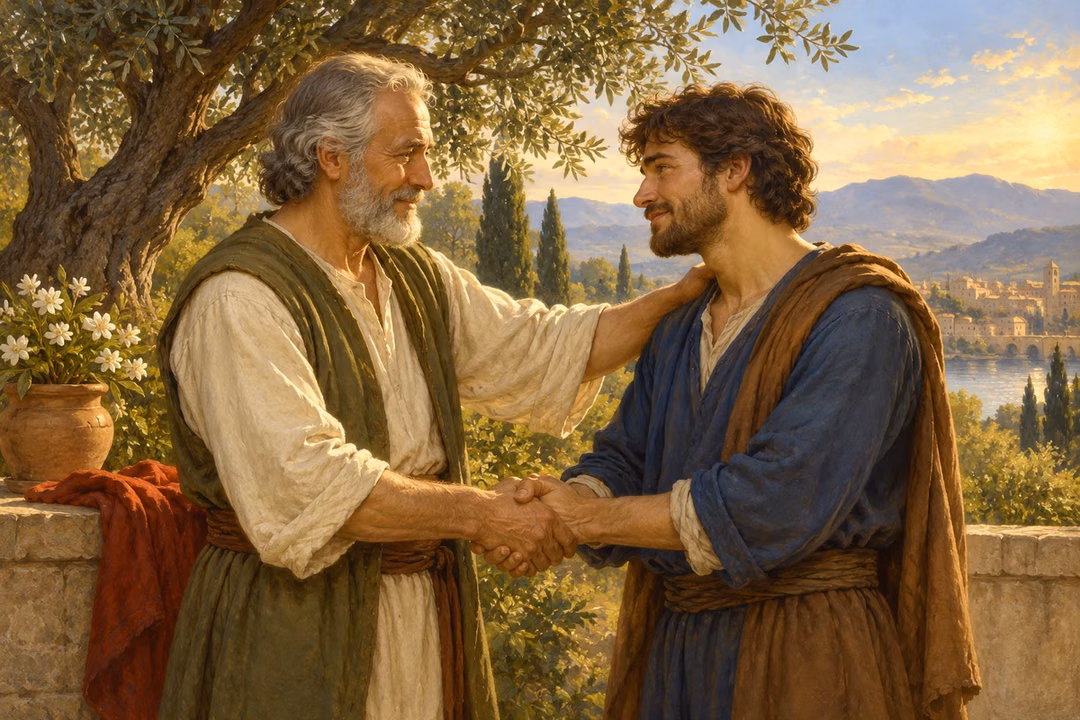 Two neighbors clasp hands in reconciliation beneath an olive tree.
