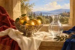 Golden apples in a pierced silver bowl and a clear vessel receive light through an open window.