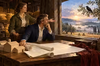 A man in a dark suit rests beside blank plans and a barn model while a woman directs his gaze toward a raven and misty sunrise fields.