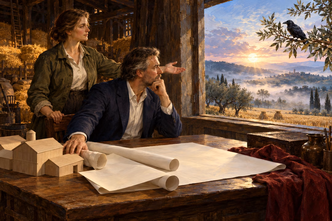A man in a dark suit rests beside blank plans and a barn model while a woman directs his gaze toward a raven and misty sunrise fields.