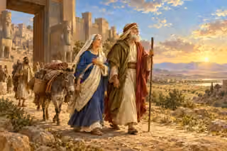 Abraham and Sarah leave an ancient city with a small caravan, following dawn light toward an open new land.