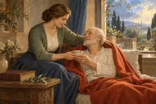 A woman gently covers an elderly man with a blanket and offers water as clearing rain brings soft light into the room.