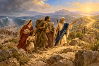 A family continues along a long bright road after the Red Sea crossing, showing deliverance as the beginning of persevering faith.